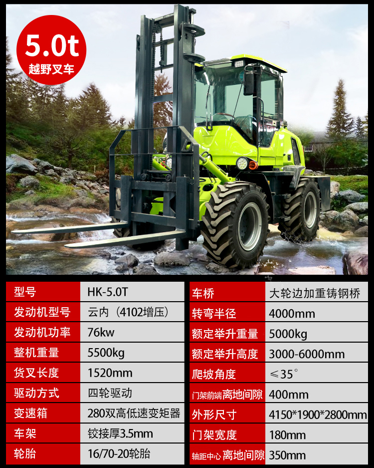 Riding and driving off-road forklifts, diesel integrated stacker trucks, transporting a three ton elevator