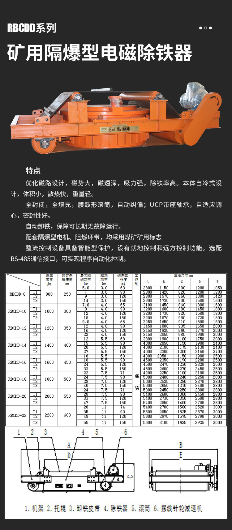 Explosion proof belt type electromagnetic iron remover, RBCDD type, with stable strong suction performance for mining