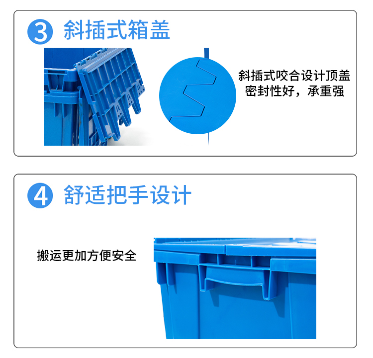 Blue plastic turnover box with holes and covers, large diagonal plug-in transit logistics box, material distribution plastic transit box