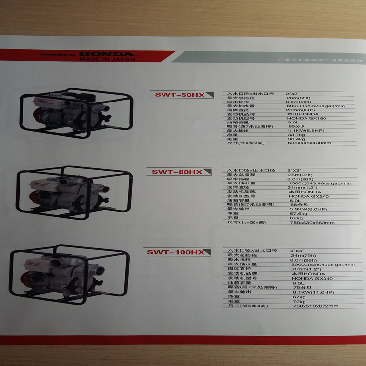 Japan Daxin SWT-100HX gasoline slurry pump with 4-inch inlet and outlet diameter