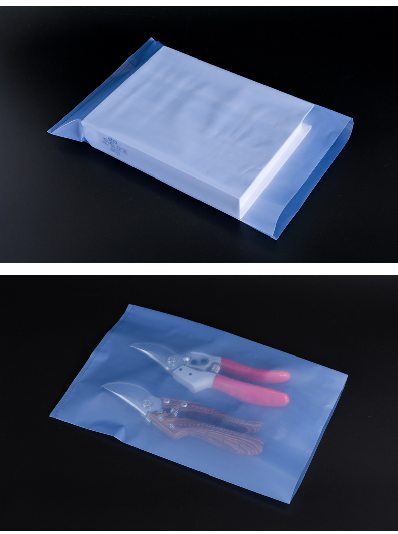 PE flat pocket hardware accessories, rust proof bags, electronic products, blue rust proof flat mouth packaging bags, plastic film bags