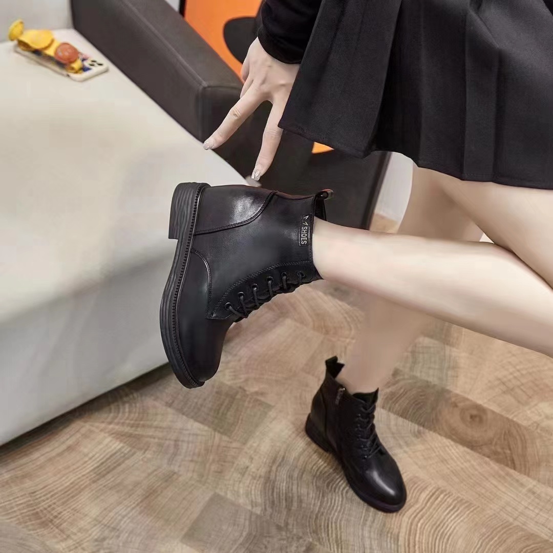 Waterproof Platform Round Head Square Heel Martin Boots Lace up Solid Color Women's Boots Back Zipper Casual Factory Live Processing Boots