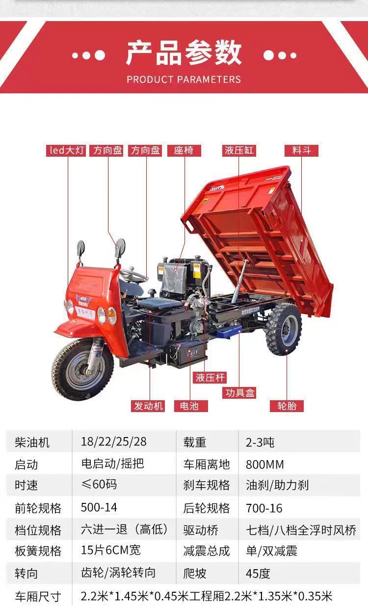 Sales of the same model diesel tricycle 22 horsepower load 3 tons engineering Dump truck simple shed tricycle