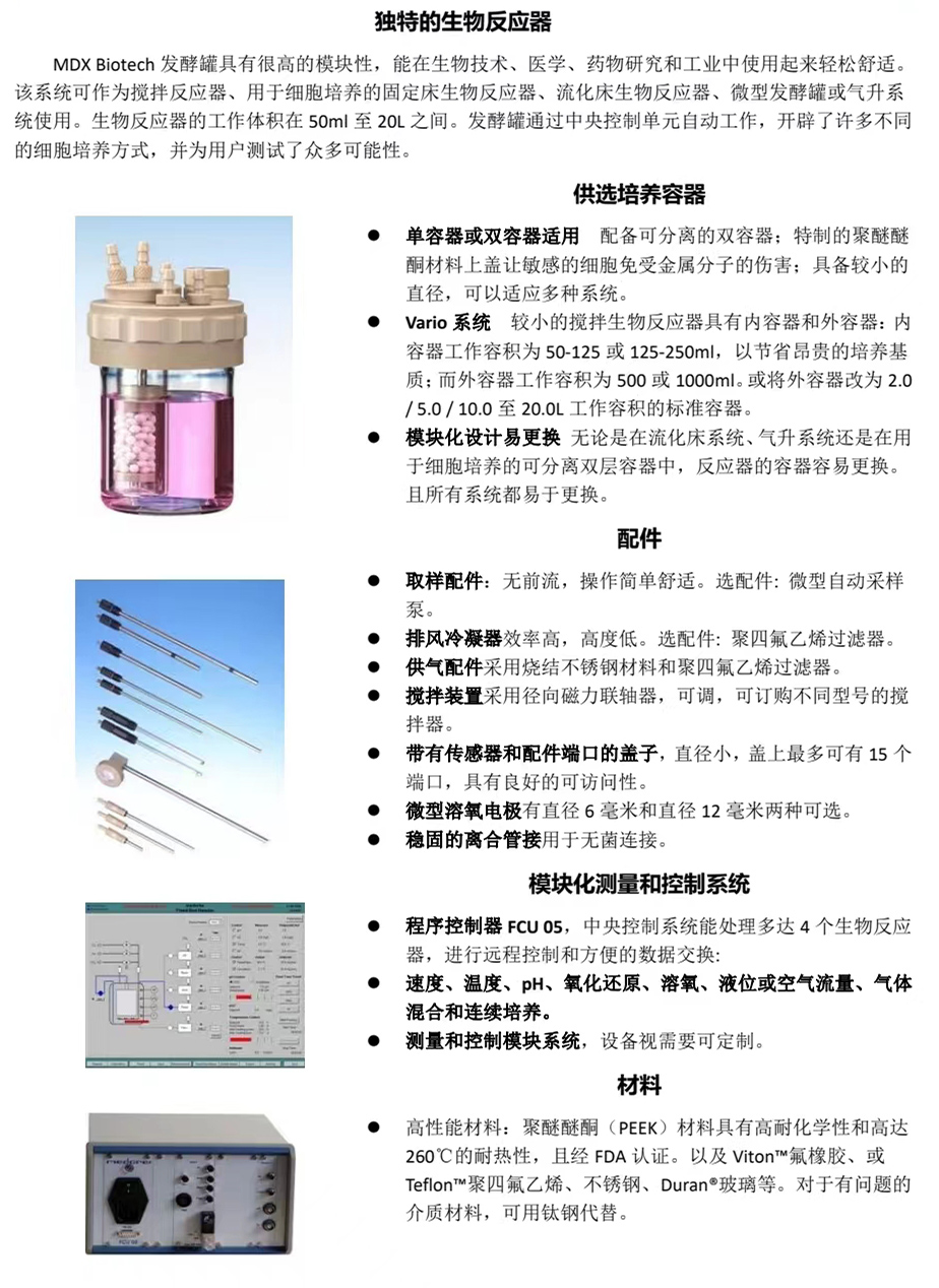 Multiple types of stirred airlift/fluidized bed fixed bed bioreactors using German MDX technology