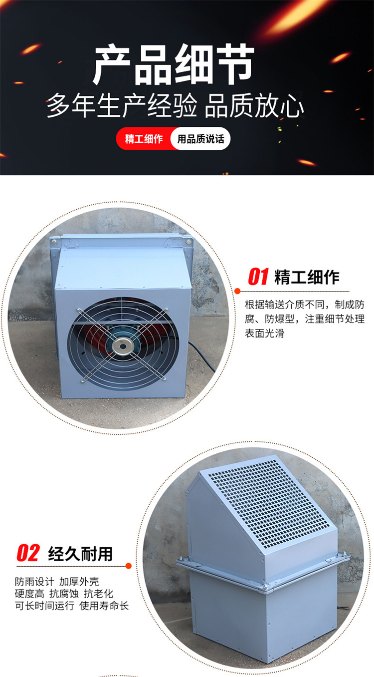 Explosion-proof side wall fan with large air volume and low noise square wall ventilation with 45 degree rain cover