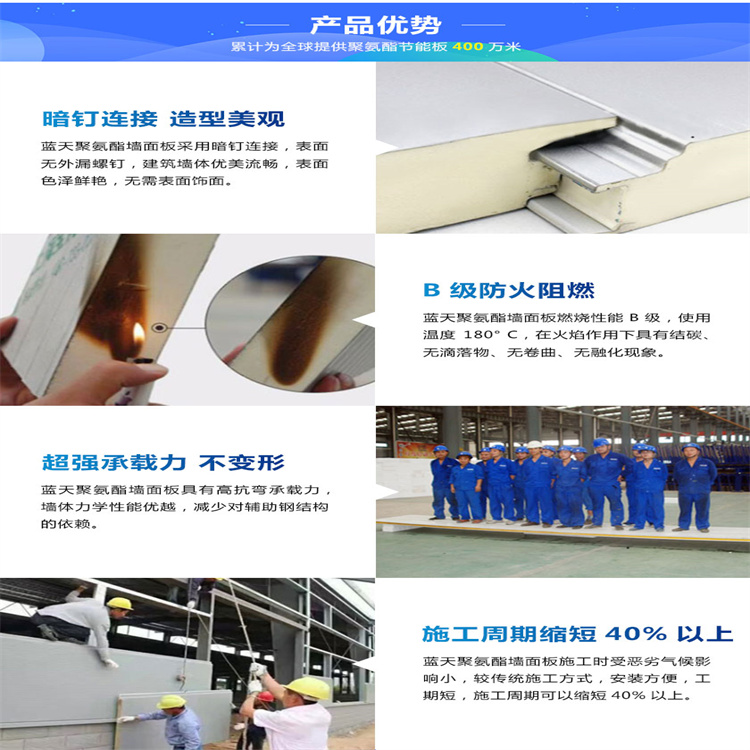 50 thick polyurethane rock wool wall panel horizontal installation board, A-grade insulation and fire protection integrated board, supplied by Blue Sky manufacturer