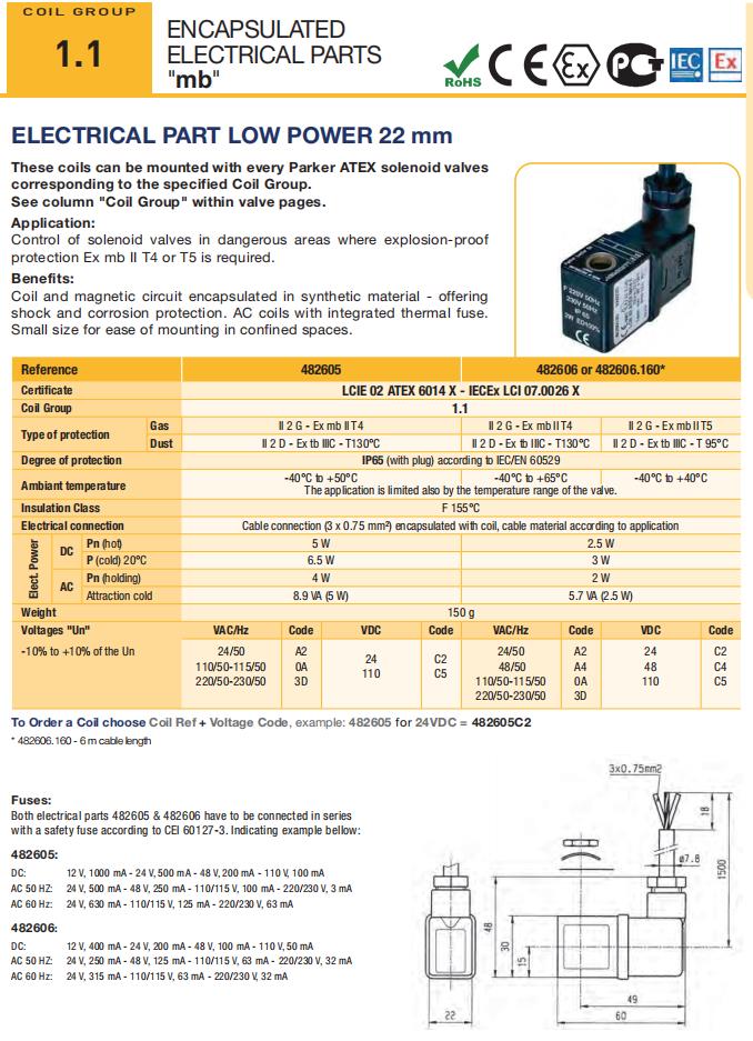 PARKER fluid control solenoid valve electrical components explosion-proof coil 482605A2