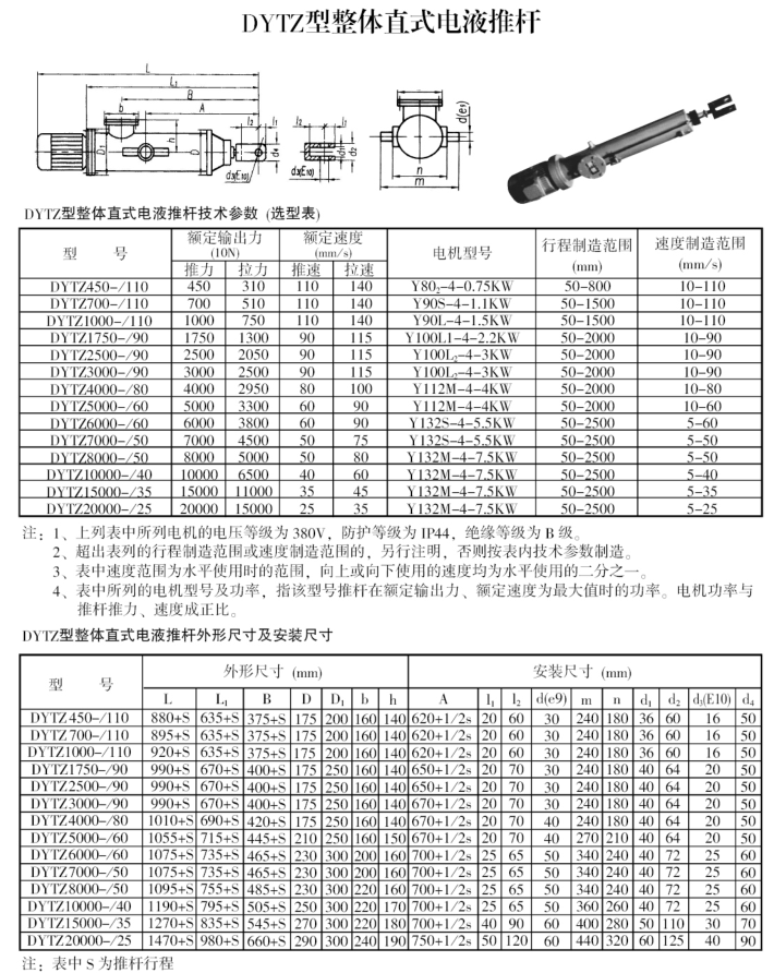 Integral straight electro-hydraulic push rod DYTZ4000 electric hydraulic push rod power outage self-locking