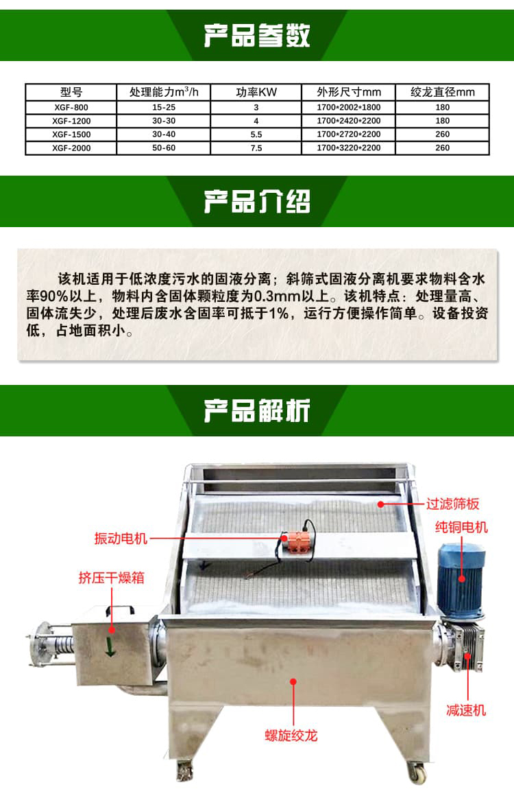 Inclined screen wet and dry separator, cattle farm manure dewatering machine, 304 vibrating screen manure machine, Jingnong pig manure squeezing machine