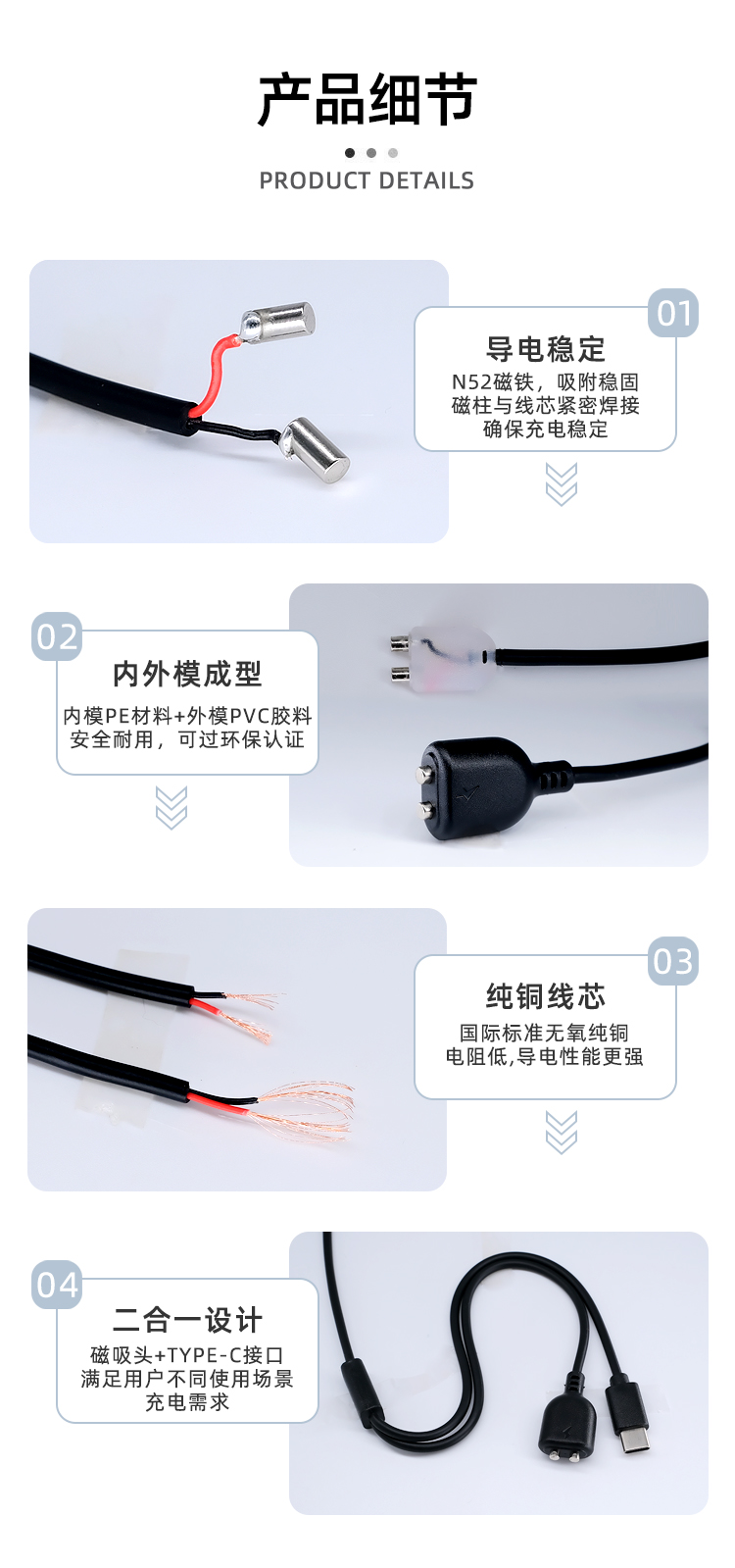 Customized manufacturer of Type C data cable for one drag two magnetic suction charging wire dog trainer intelligent bracelet