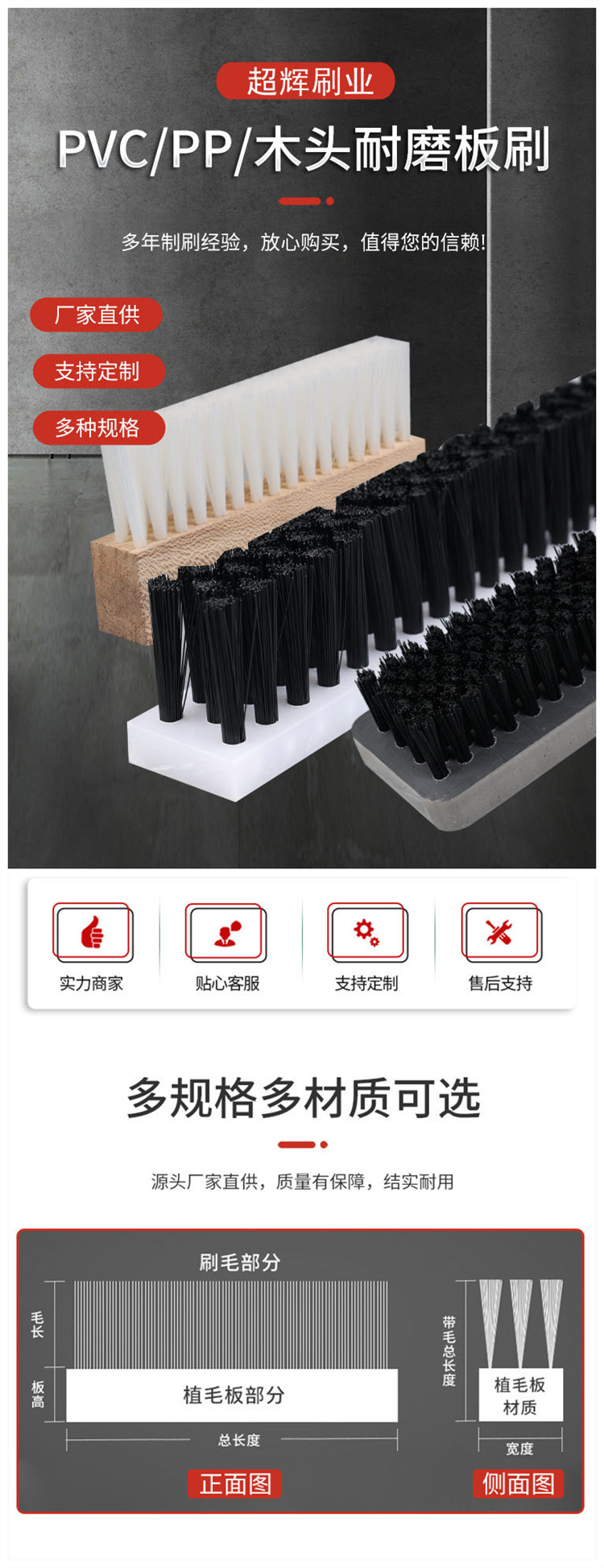 Supply of industrial board brushes, wooden boards, PVC/PP board brushes, wear-resistant, high-temperature resistant dust removal sealing brushes