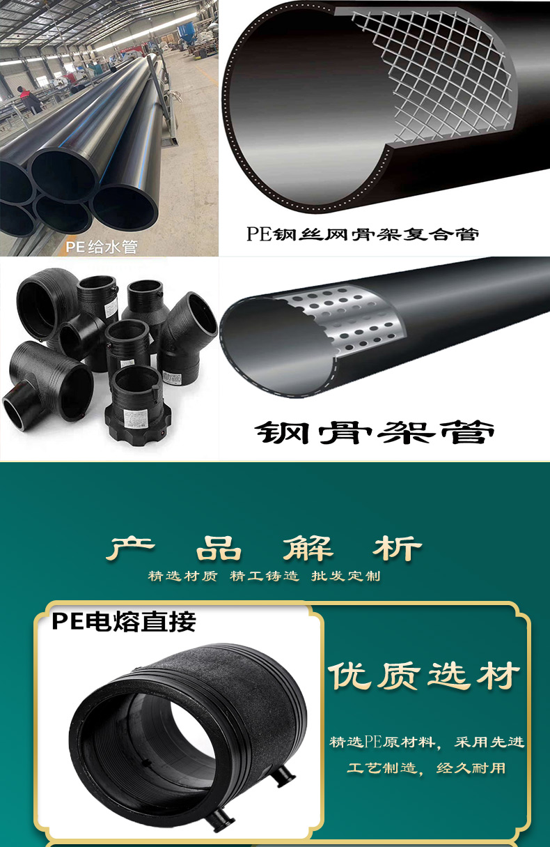 HDPE electric fusion pipe fittings direct sleeve elbow tee polyethylene steel wire skeleton water supply joint accessories 25-630