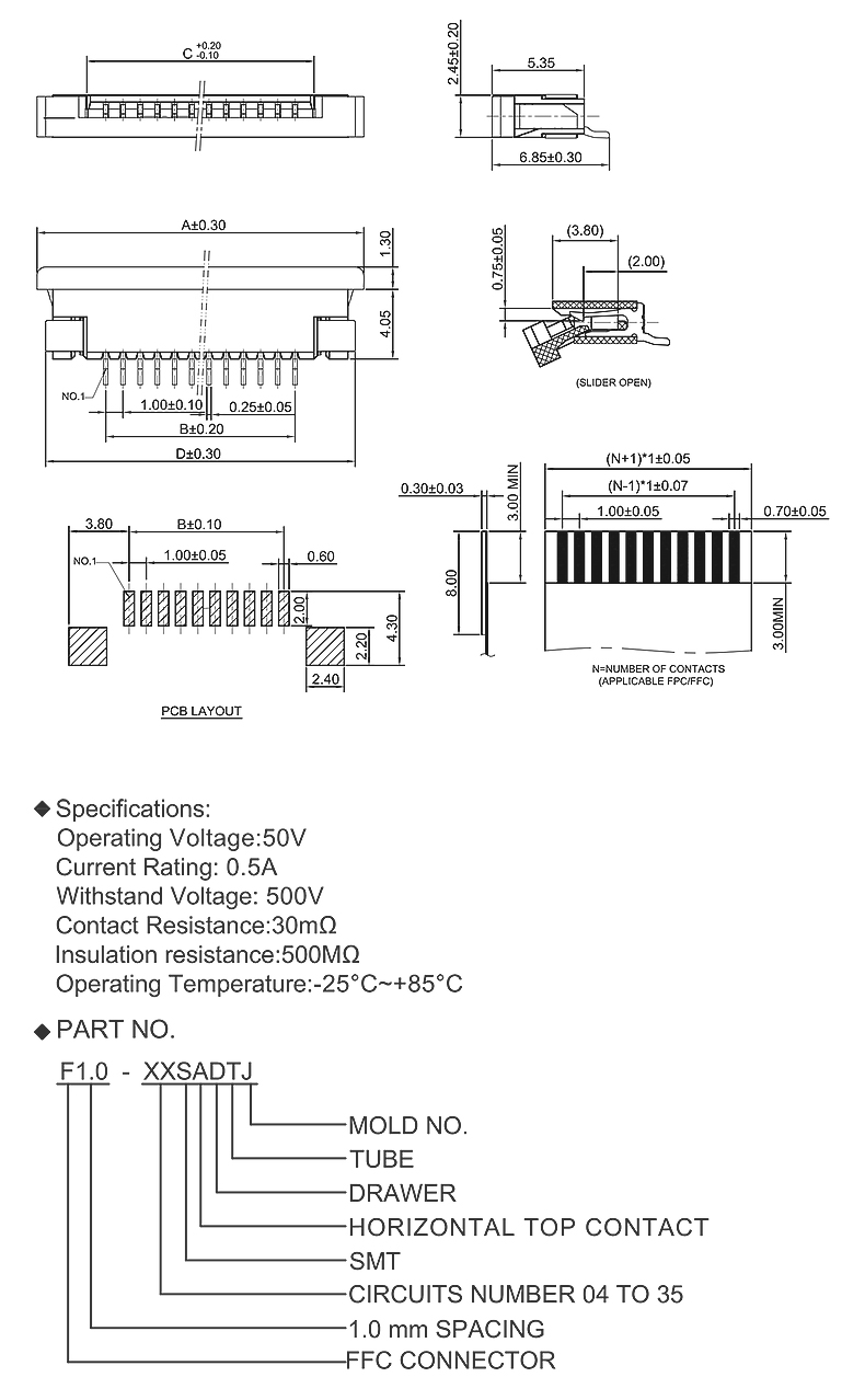 Song Yi Quick Connect 1.0mm FPC Connector SMT Drawer Top Contact F1.0-XXSADTJ