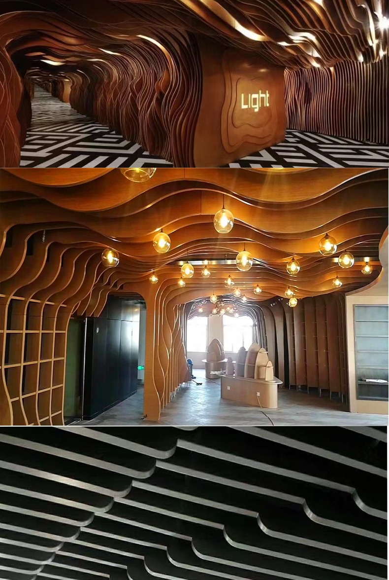 Curved aluminum square shaped customized hotel background wall with wavy and concave convex paint, aluminum plate, shopping mall, wood grain ceiling, suspended ceiling