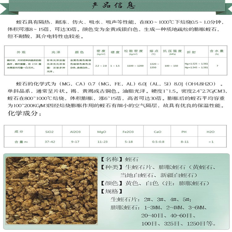 Seedling raising and horticultural cultivation substrate, large particle incubation, golden yellow insulation and fireproof coating, expanded vermiculite powder