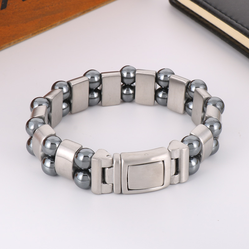 New style magnetic bracelet with wheels, European and American fashion double row gray iron stone round bead stainless steel men's bracelet