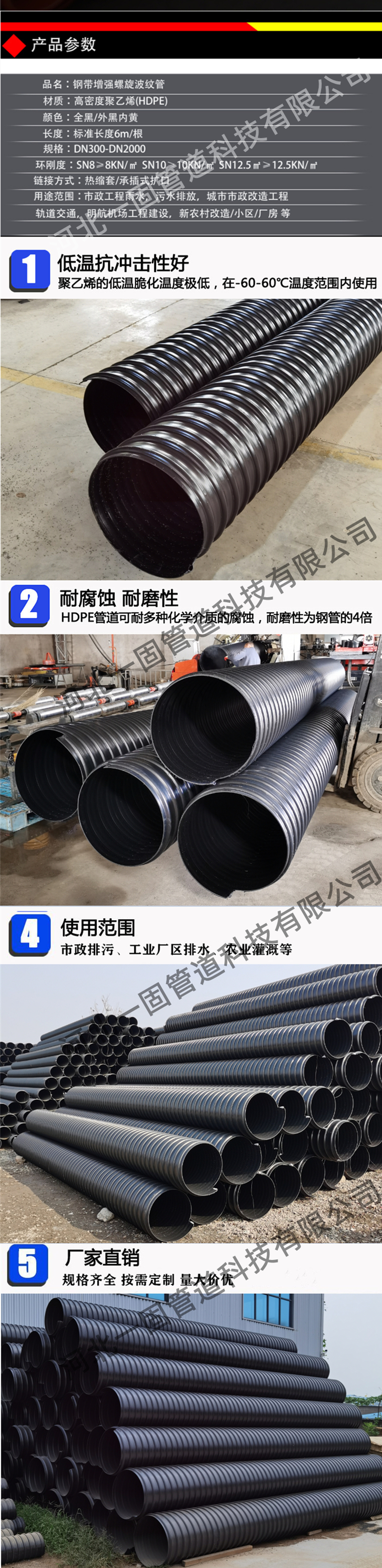 Yigu Supply PE Steel Strip Corrugated Pipe Reinforced Spiral Corrugated DN200 Black Sewage Pipe Polyethylene Drainage Pipe