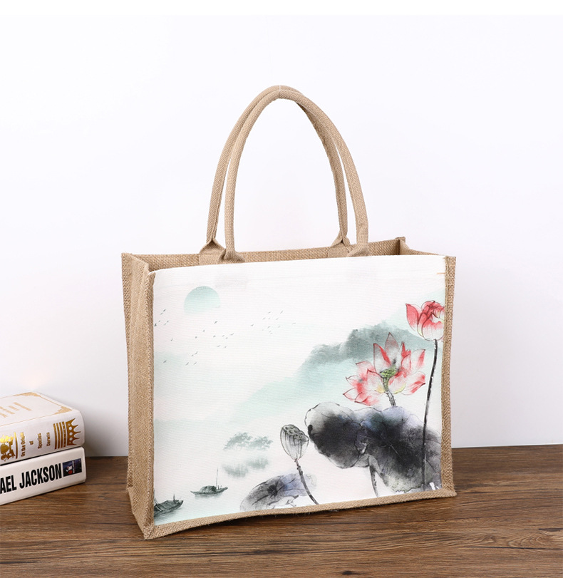 Factory direct supply of portable silk printed linen bags with large capacity for shopping, jute bags with film covering, gifts, and linen packaging bags for customization