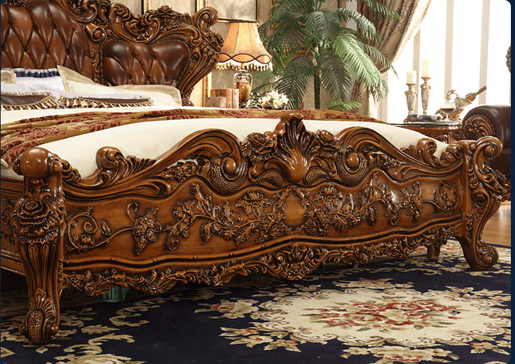 European style leather double bed customization factory French style full solid wood carved villa master bedroom antique wedding bed customization manufacturer