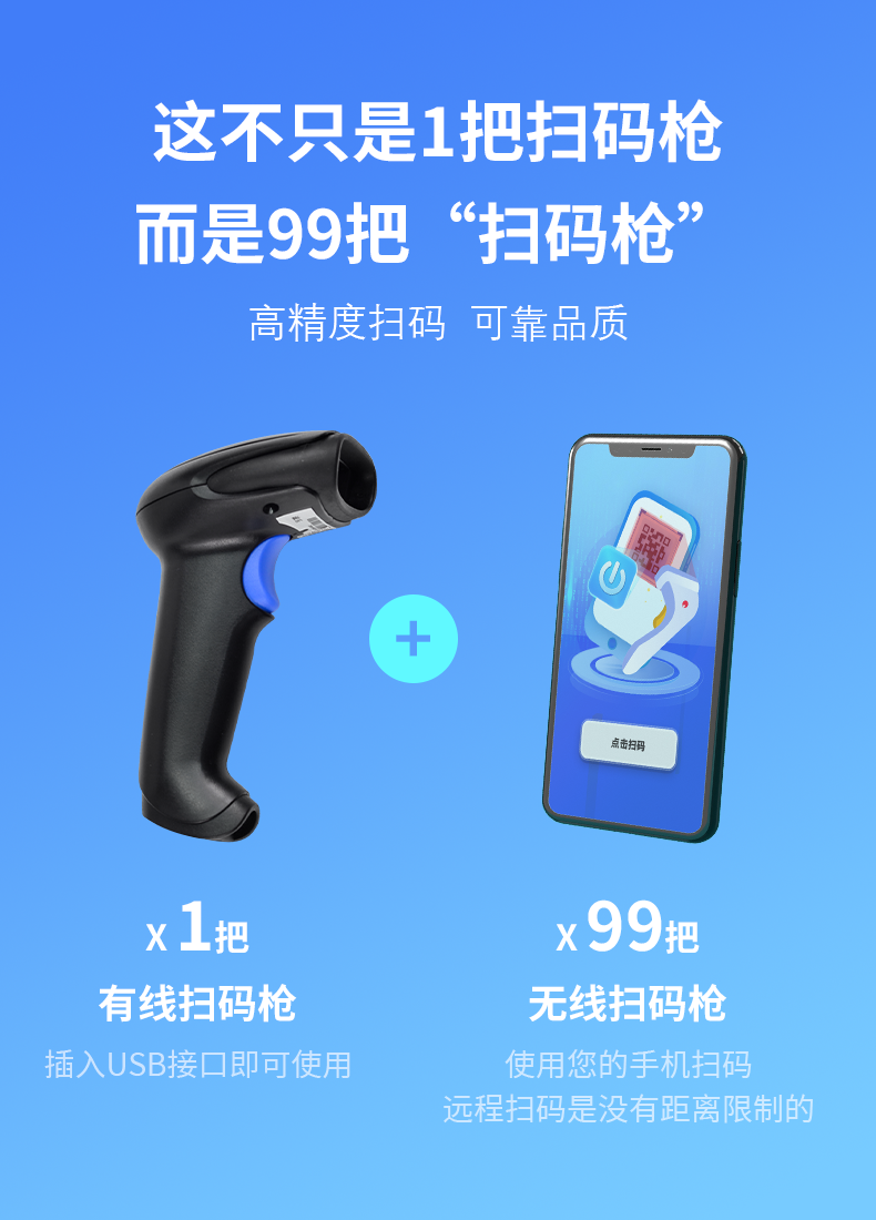 Wireless code scanner, mobile phone, WIFI remote scanning stick, QR code, barcode timeout, express delivery, e-commerce, general use