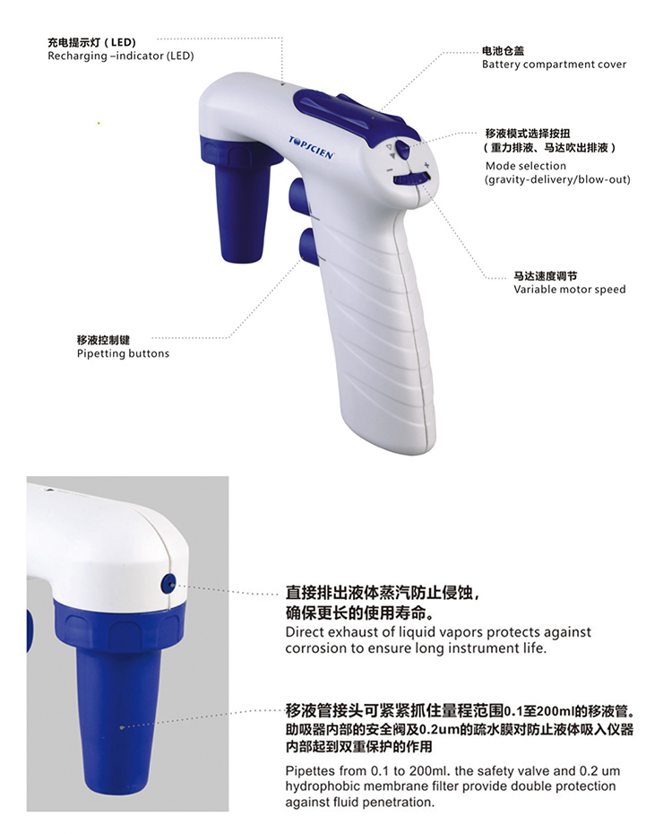 TOPSCIEN TOPSON electric pipette, large capacity pipette gun, pipette pump, laboratory pipette suction aid