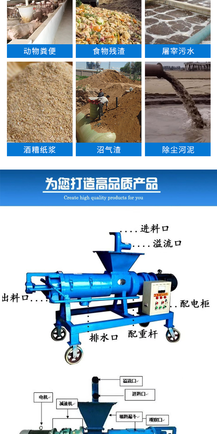 Pig manure solid-liquid separator, cow manure dehydrator, chicken manure dry and wet separation, automatic feeding for breeding farms