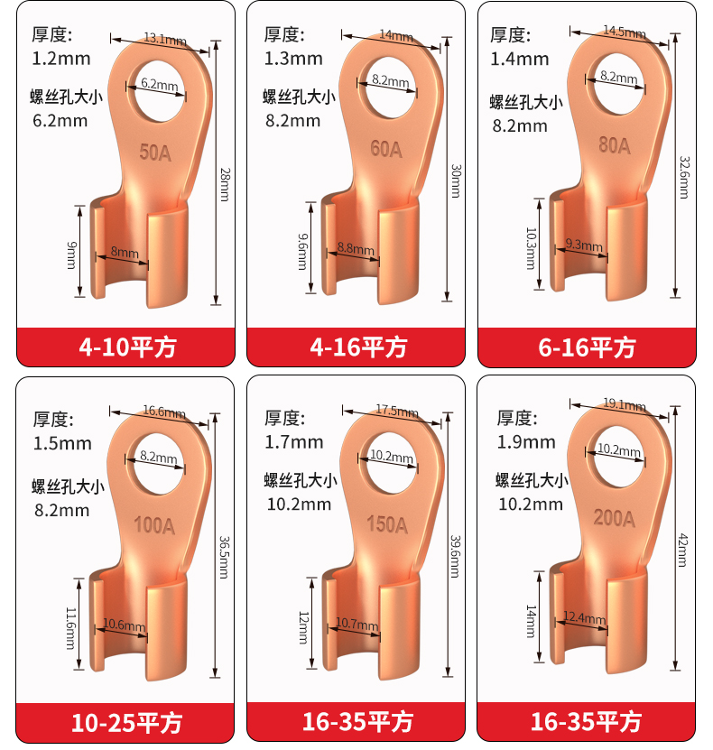 National standard pure purple thickened copper nose OT10A-1000A open copper wire ear wiring terminal