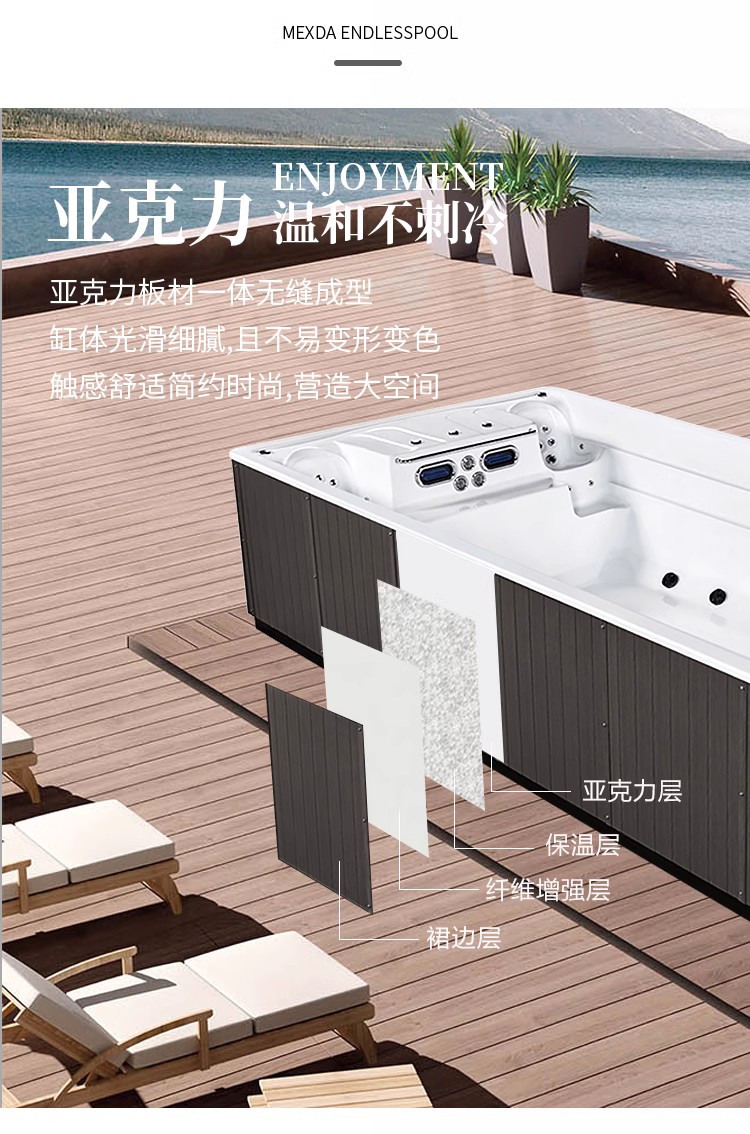 Yihua Bathroom Villa's imported swimming pool is 8 meters long and 3 meters wide, with a rooftop garden and a massage and constant temperature integrated acrylic