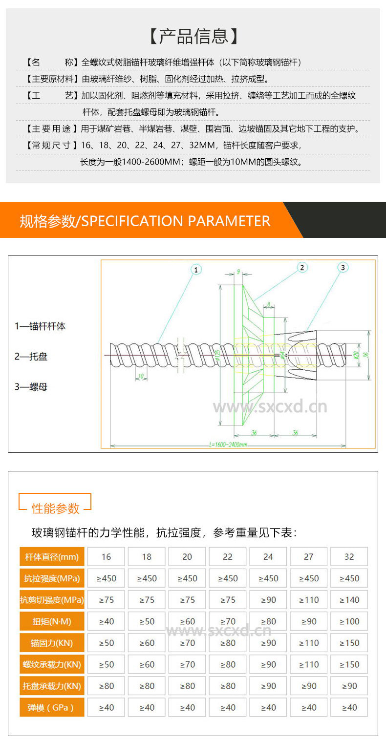 Supply of GFRP fully threaded rod body with flame retardant and anti-static properties for Chengxinda glass fiber anchor pit support