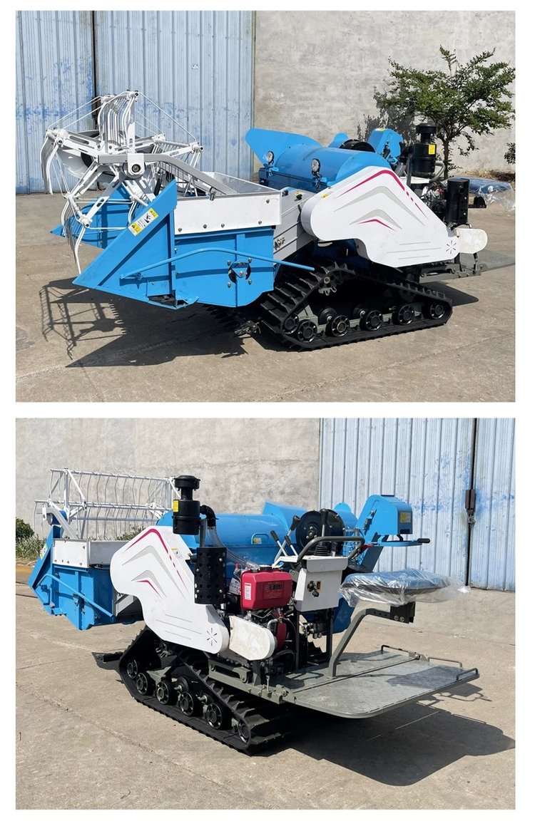 Crawler type wheat harvester with built-in granary in mountainous paddy fields. Rice harvester with small plots for easy use