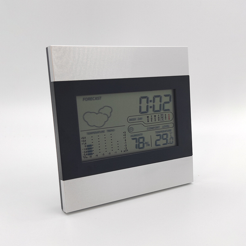 Electronic weather clock room temperature measurement table clock weather forecast clock temperature and humidity aluminum surface clock electronic LCD perpetual calendar