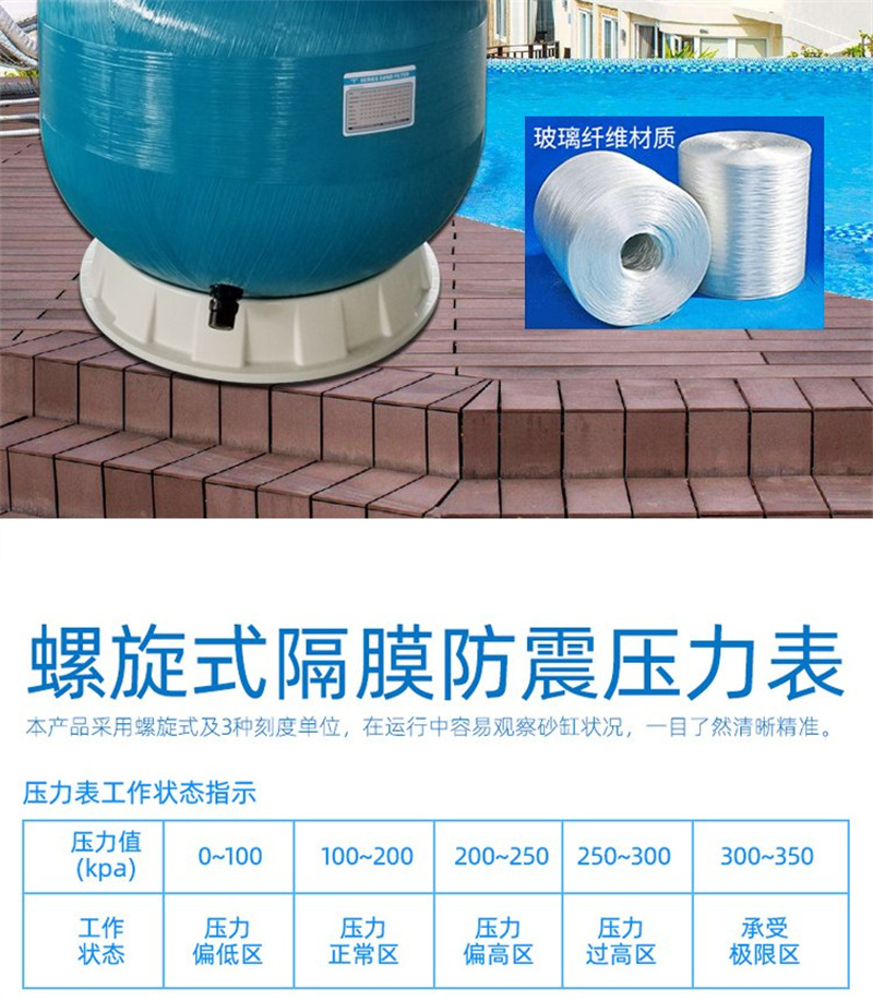 Water treatment and filtration equipment for swimming pools in water parks, fiberglass sand cylinder filters, easy to install, maintain, and age resistant