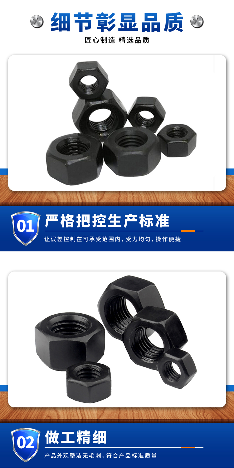 High strength hexagonal nut thickened coarse thread locking national standard fine buckle nut blackened 10.9 grade external hexagonal screw cap