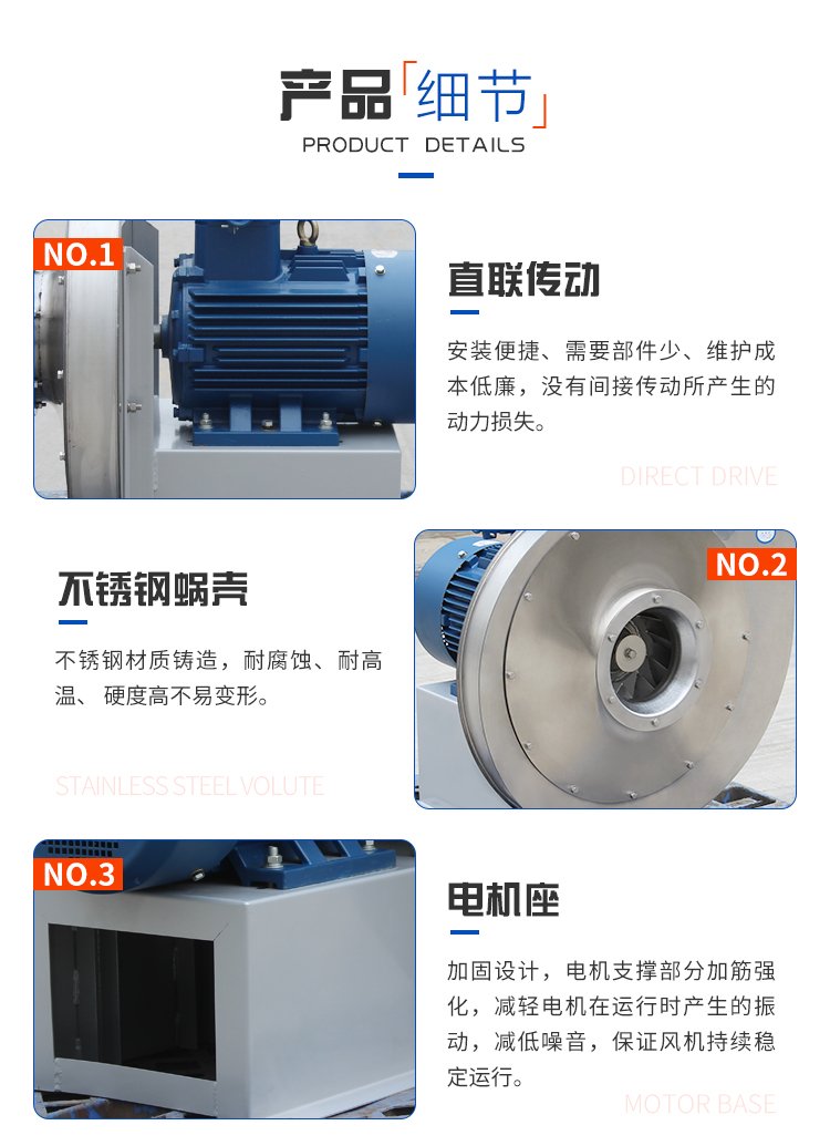 Stainless steel high-pressure centrifugal fan 9-19, anti-corrosion and explosion-proof blower for chemical fertilizer plant in food factory