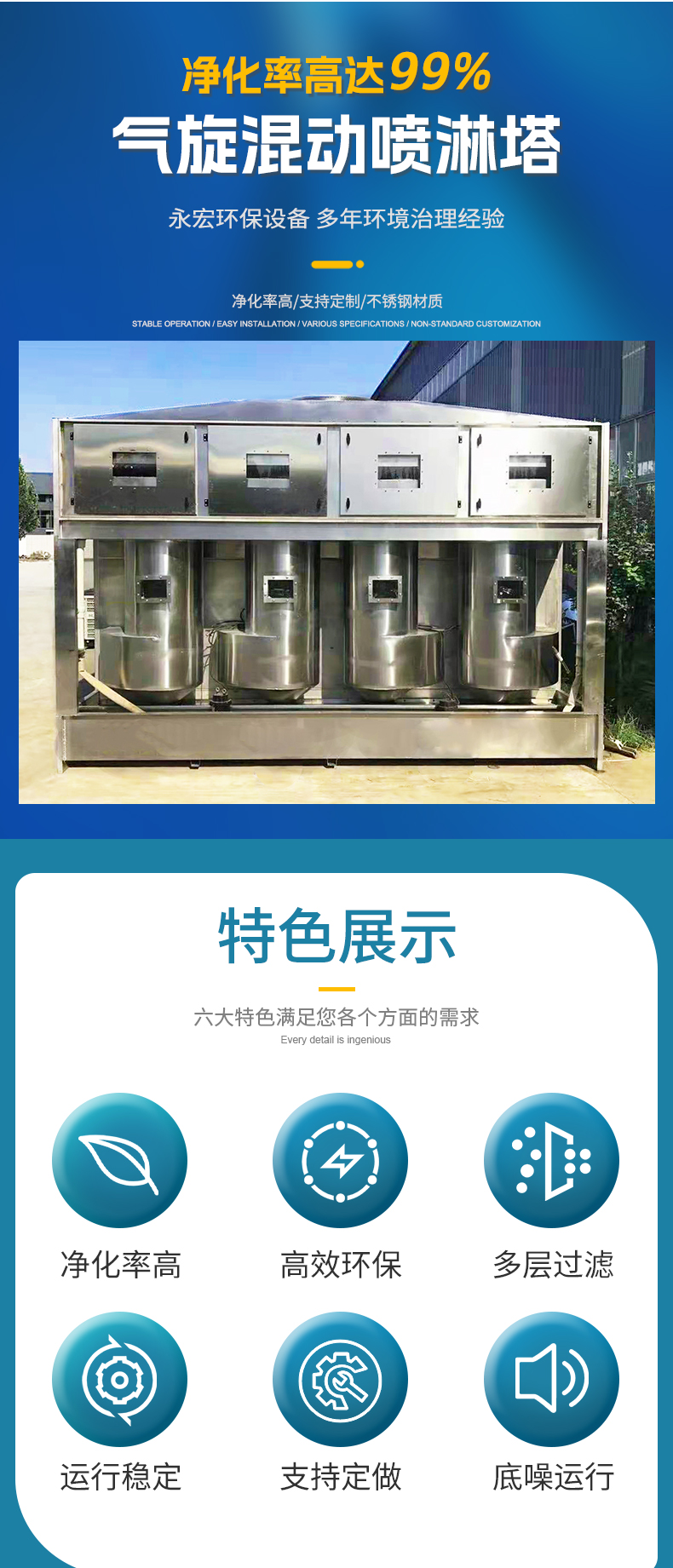 Double stage cyclone tower equipment, stainless steel PP material, customized dust removal and cooling, cyclone hybrid spray tower, Yonghong Environment