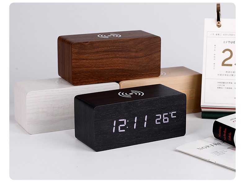 Chuangmite Wireless Charging Clock Intelligent Wireless Charging Function Voice Controlled Wooden Electronic Clock LED Digital Alarm Clock