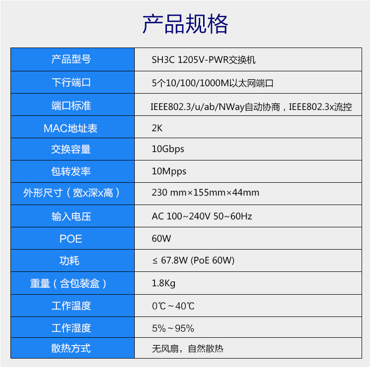 H3C 5-port Gigabit Unmanaged Enterprise POE Switch 60W Power Supply S1205V-PWR