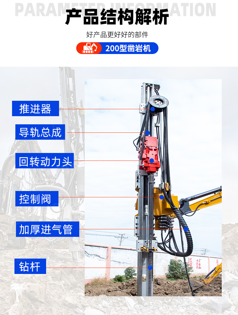 Customized excavator to be changed from down-hole drilling to rock tunnel drilling machine, excavator power head, down-hole drilling to rock drilling machine