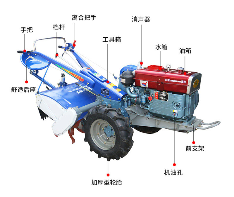 Agricultural diesel 8-15 horsepower walking tractor matched with corn precision seeder rotary tiller with rear seat