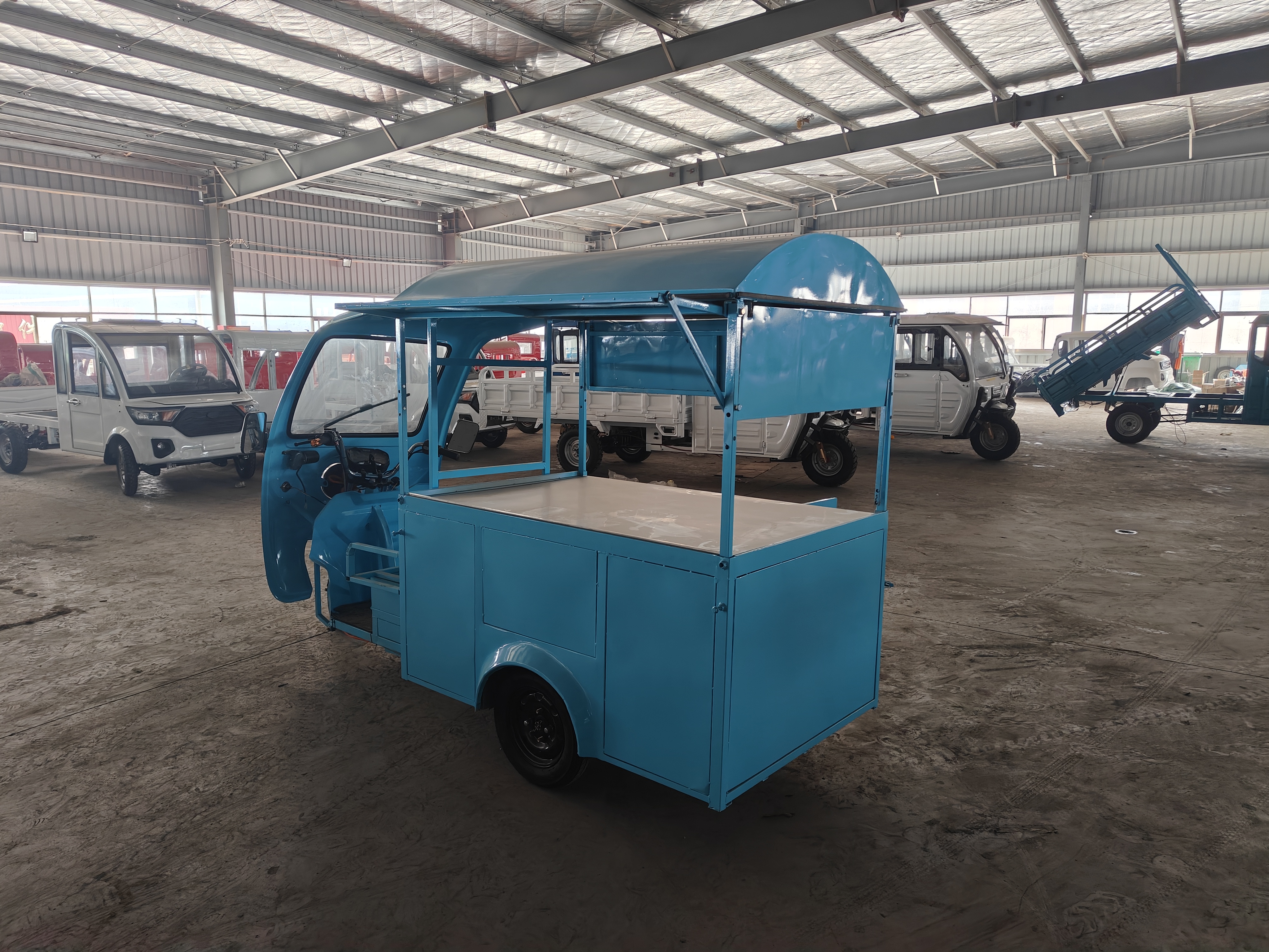 Electric three wheel multifunctional dining car stall with rack car, mobile food stall, snack car manufacturer supply