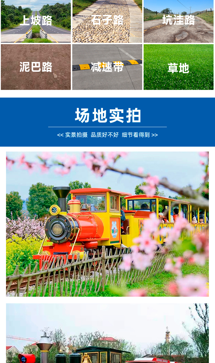 Outdoor internet celebrity train scenic spot, farm flower sea countryside, manned antique track sightseeing, small train amusement equipment