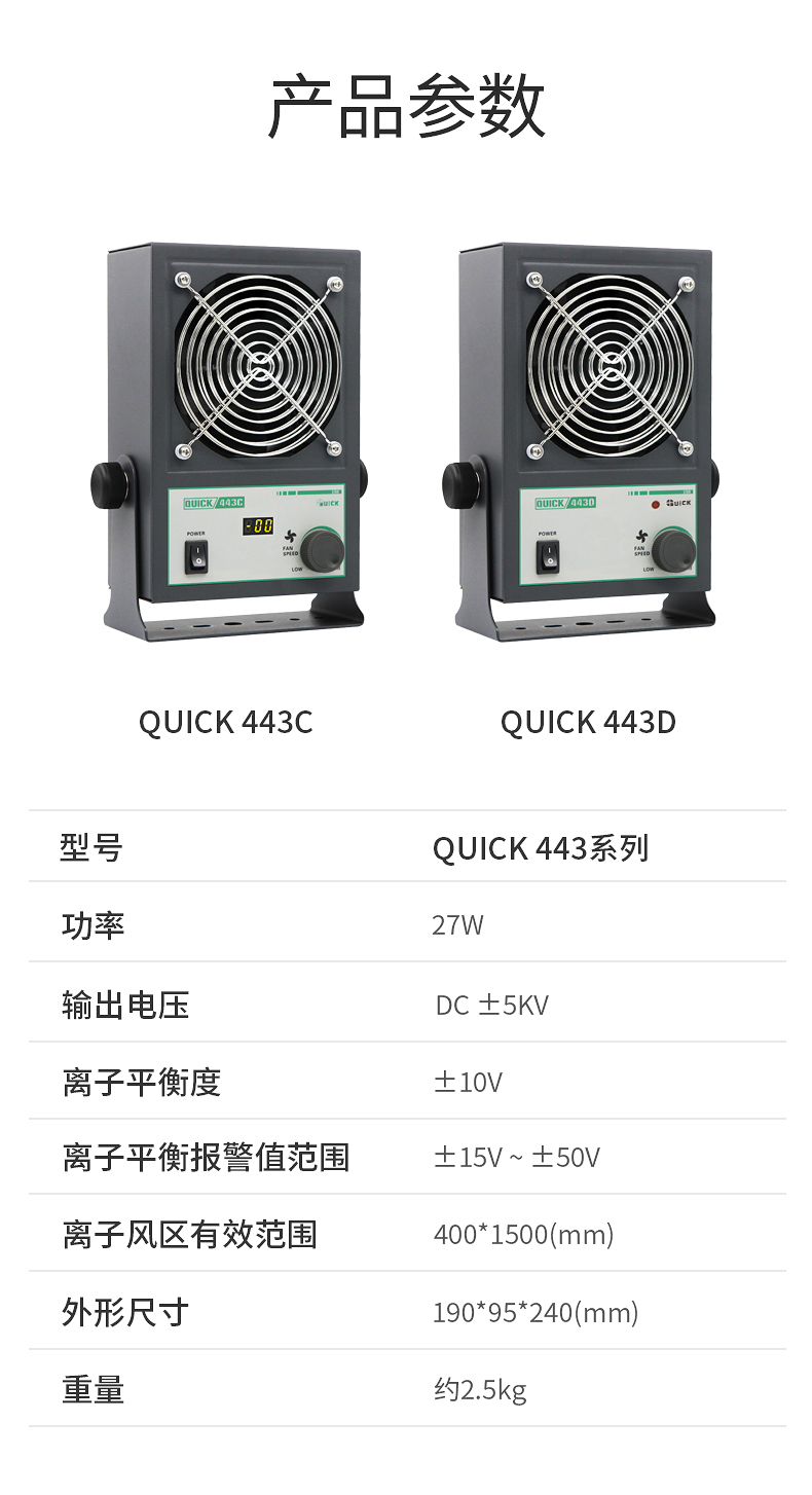 QUICK 443C DC Ionic Fan with High Air Volume for Static Removal 443D Intelligent Static Eliminator