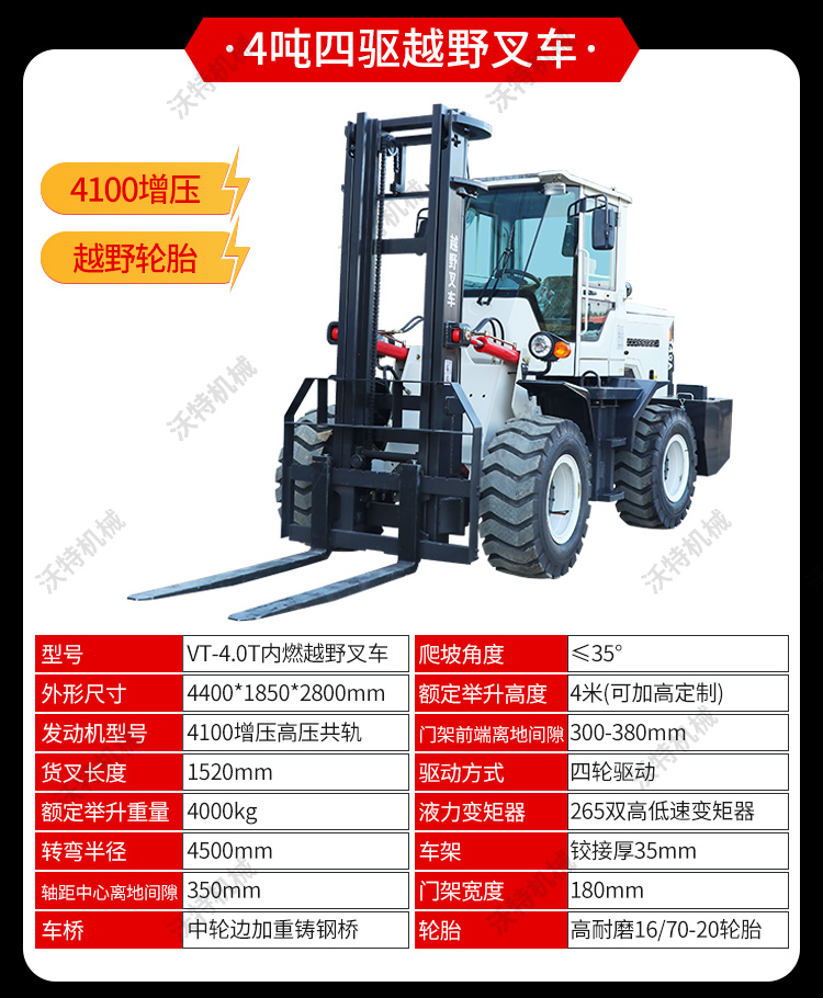 Four cylinder capacity of 2 tons, 3 tons, 4 tons, and an increase of 3 meters and 5 meters for urban sanitation forklifts. Construction, road repair, off-road forklifts