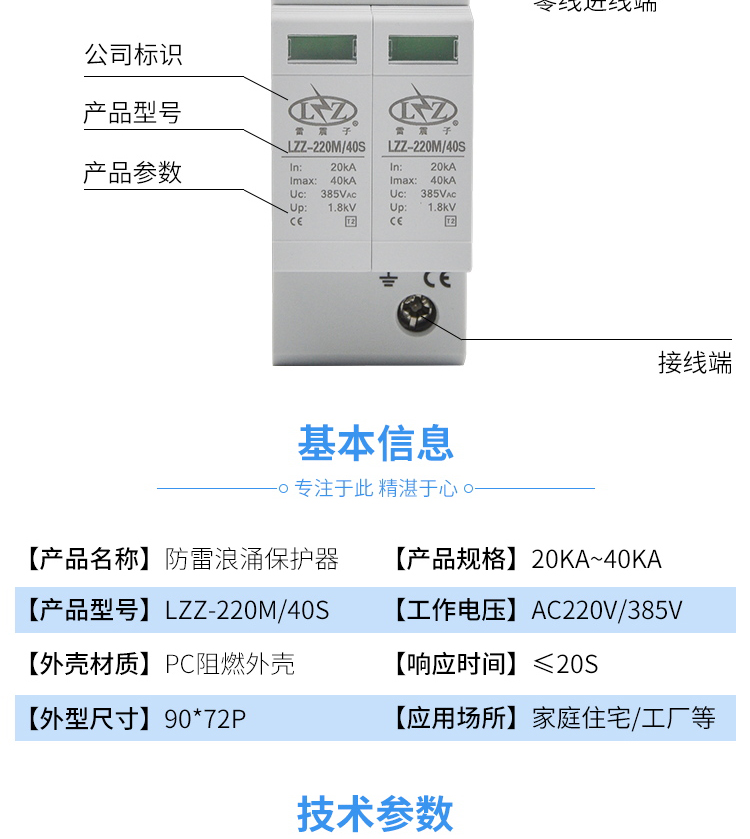 Lightning arrester LZZ-220M/40 distribution box 2P surge protector for Leizhenzi 220V power supply