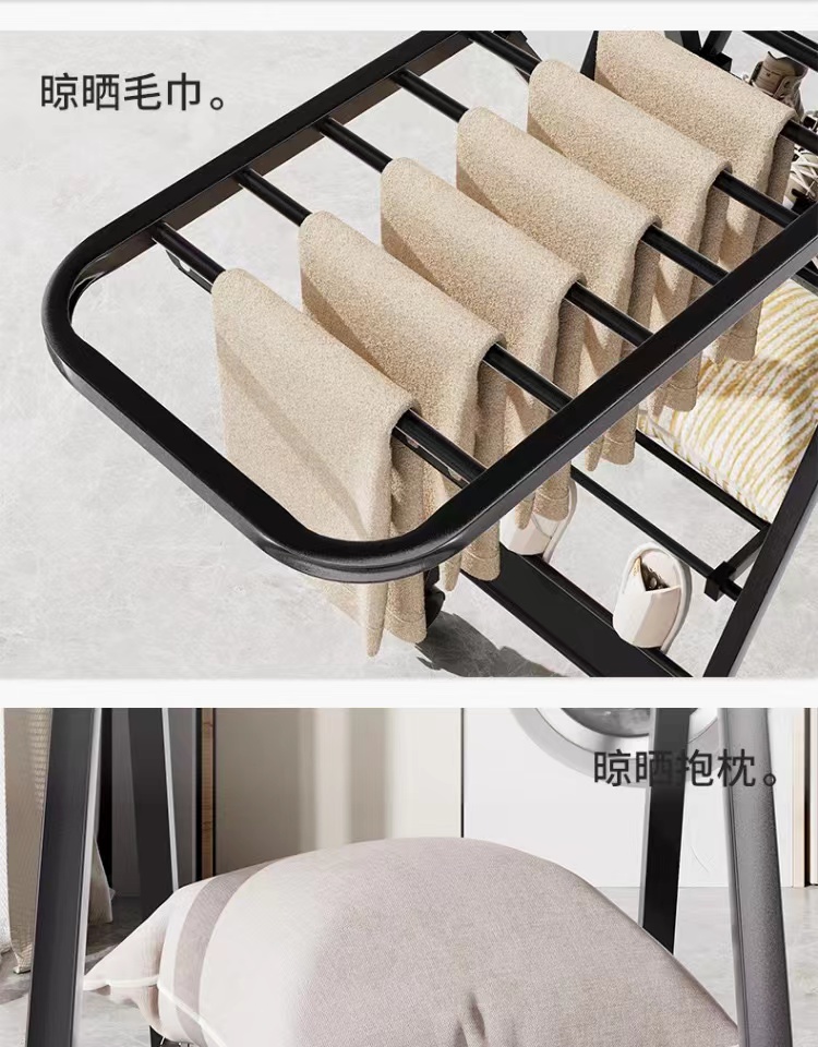 Floor folding clothes hanger, indoor clothes hanger, quilt drying, baby diaper drying, home balcony, black aluminum alloy