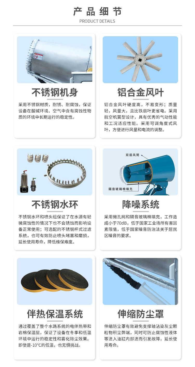 Anticorrosive fog gun machine, made of stainless steel material, resistant to acid and alkali, with a length of 80 meters. The fog gun machine is used for dust reduction and dust removal in coastal ports