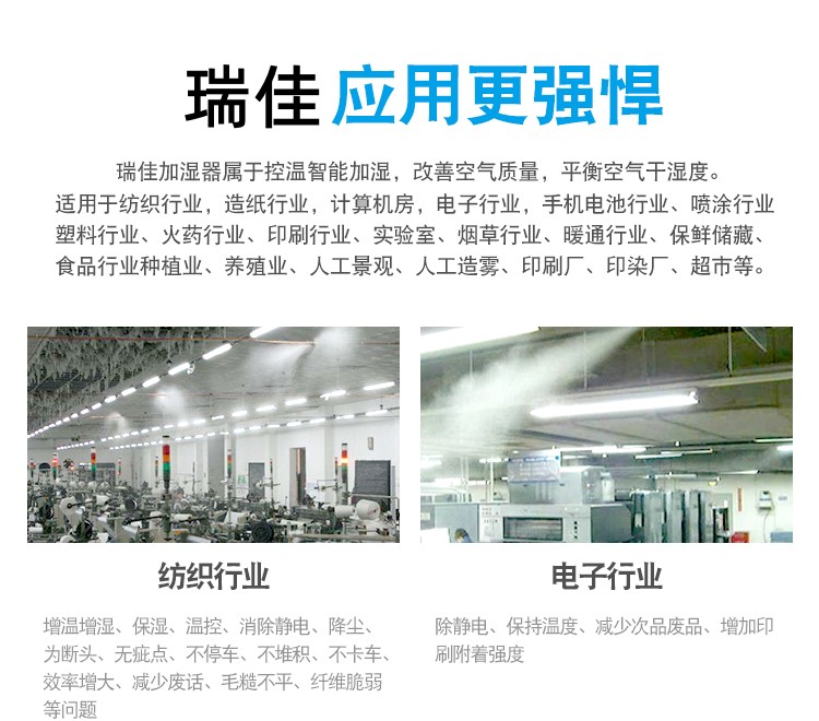 Industrial humidifier, textile workshop, spray humidification, electrostatic removal, steam water mixture, gas mist, two fluid dry mist machine