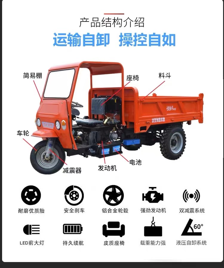 Chuangyuan Mining with dump tricycle electric starting capacity of 2 tons diesel tipper truck with 18 horsepower