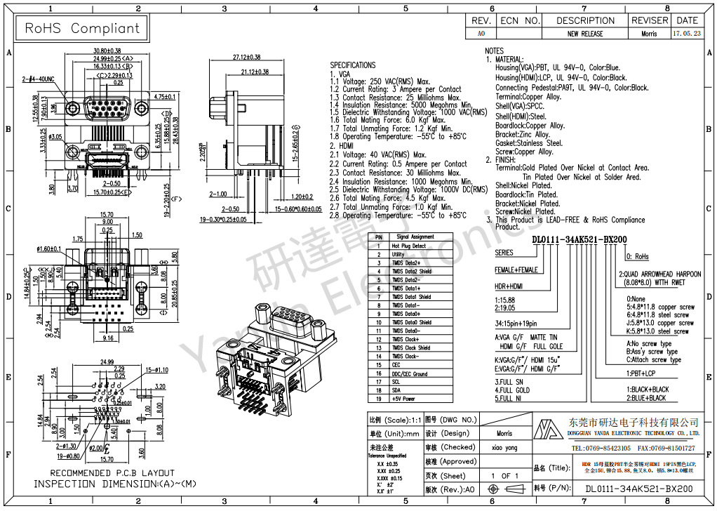 HDR15 female seat blue glue to HDMI 19PIN pin female seat 90 degree plug board lock 5.8 screw D-SUB connector