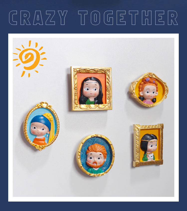 Creative refrigerator sticker 3D three-dimensional resin character painting cartoon Q version magnetic sticker museum magnetic sticker customization